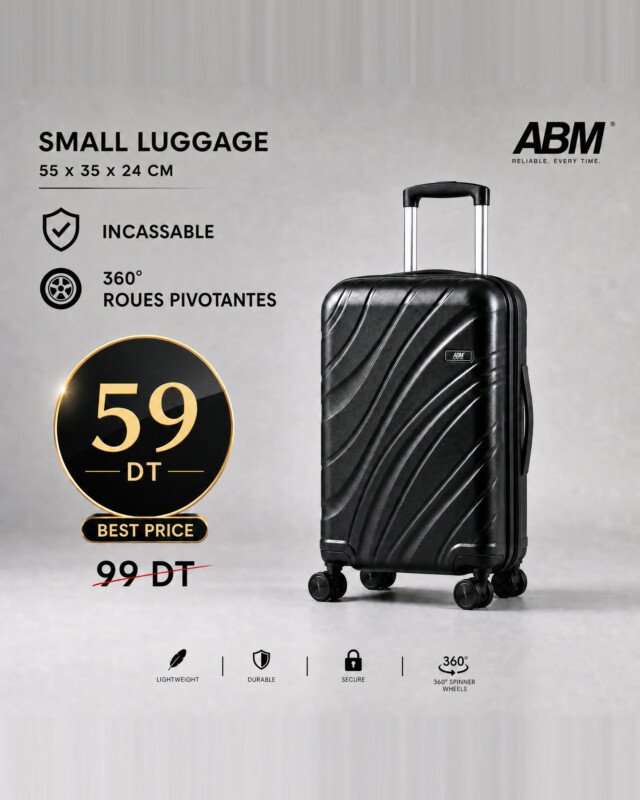 valise petit model vagues ( 55x35x24cm) incassable marque ABM 4 roues 360° – noir
