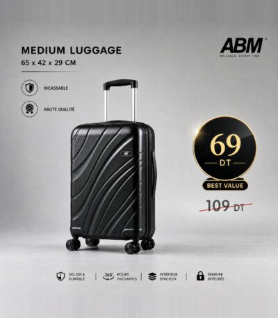 valise moyen model vagues ( 65×42×29cm) incassable marque ABM 4 roues 360° – noir