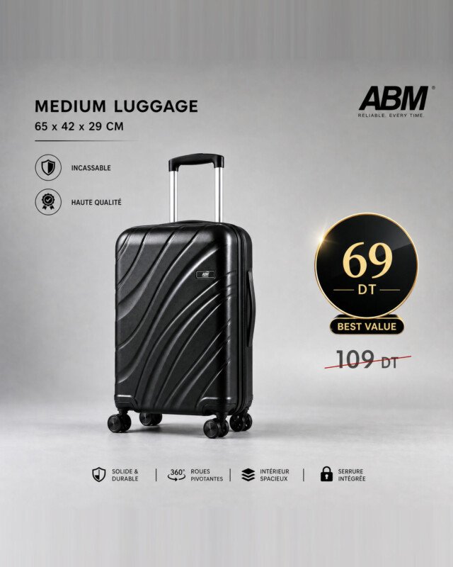valise moyen model vagues ( 65×42×29cm) incassable marque ABM 4 roues 360° – noir