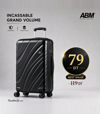 valise grand model vagues ( 75×49×32cm) incassable marque ABM 4 roues 360° – noir