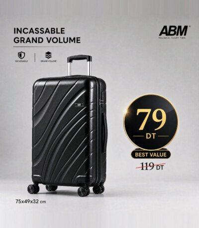 valise grand model vagues ( 75×49×32cm) incassable marque ABM 4 roues 360° – noir