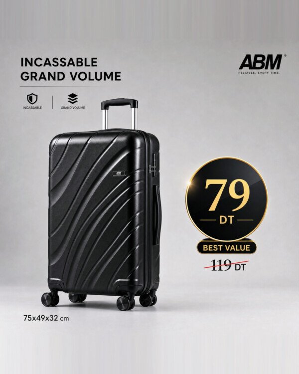 valise grand model vagues ( 75×49×32cm) incassable marque ABM 4 roues 360° – noir