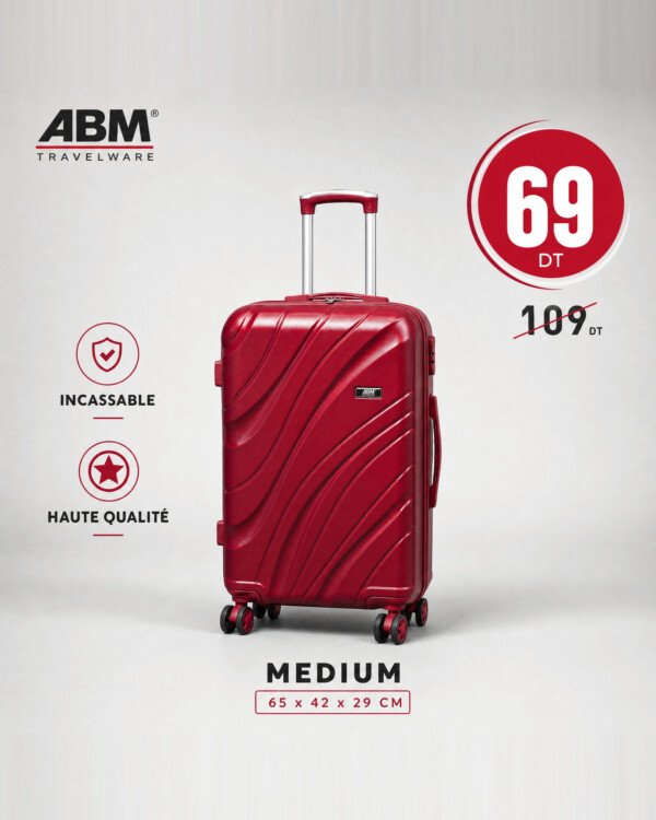 valise moyen model vagues ( 65×42×29cm) incassable marque ABM 4 roues 360° – rouge