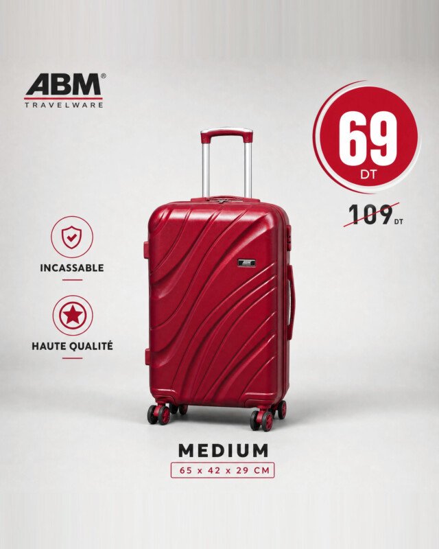 valise moyen model vagues ( 65×42×29cm) incassable marque ABM 4 roues 360° – rouge
