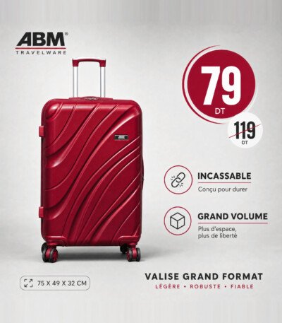 valise grand model vagues ( 75×49×32cm) incassable marque ABM 4 roues 360° – rouge