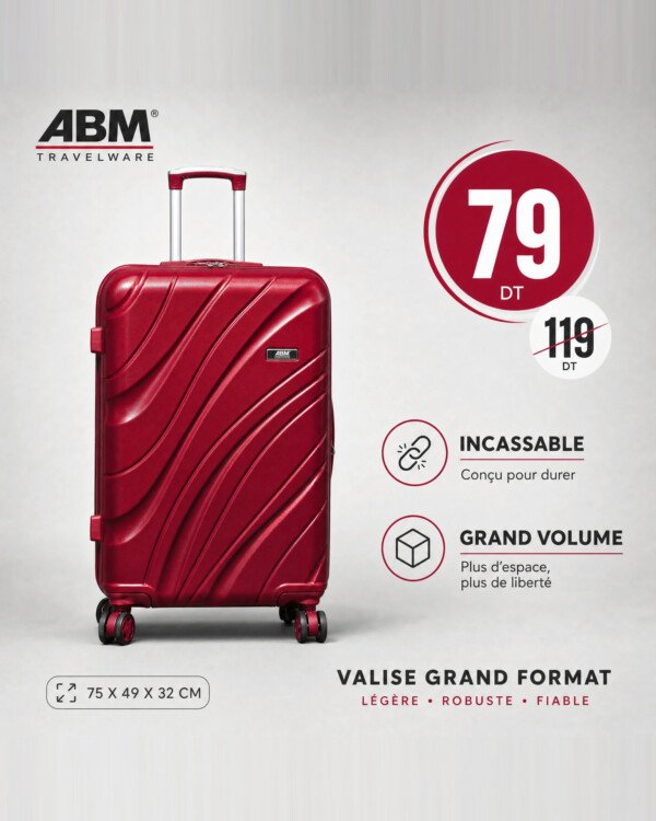 valise grand model vagues ( 75×49×32cm) incassable marque ABM 4 roues 360° – rouge