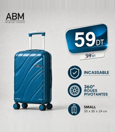 valise petit model vagues ( 55x35x24cm) incassable marque ABM 4 roues 360° – bleu canard