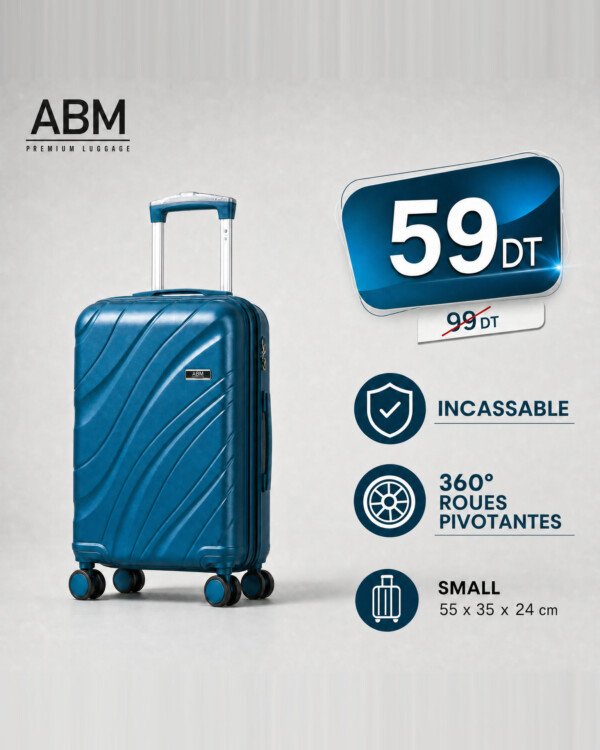 valise petit model vagues ( 55x35x24cm) incassable marque ABM 4 roues 360° – bleu canard
