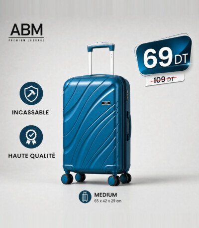 valise moyen model vagues ( 65×42×29cm) incassable marque ABM 4 roues 360° – bleu canard