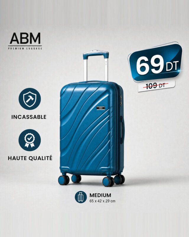 valise moyen model vagues ( 65×42×29cm) incassable marque ABM 4 roues 360° – bleu canard