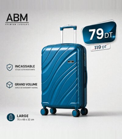 valise grand model vagues ( 75×49×32cm) incassable marque ABM 4 roues 360° – bleu canard