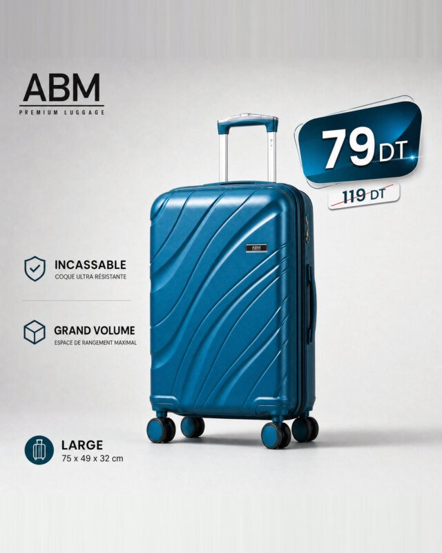valise grand model vagues ( 75×49×32cm) incassable marque ABM 4 roues 360° – bleu canard