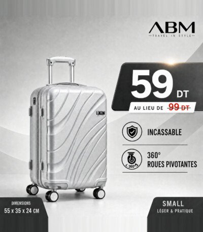 valise petit model vagues ( 55x35x24cm) incassable marque ABM 4 roues 360° – gris argent