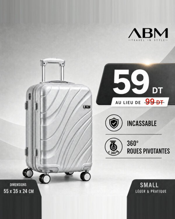 valise petit model vagues ( 55x35x24cm) incassable marque ABM 4 roues 360° – gris argent