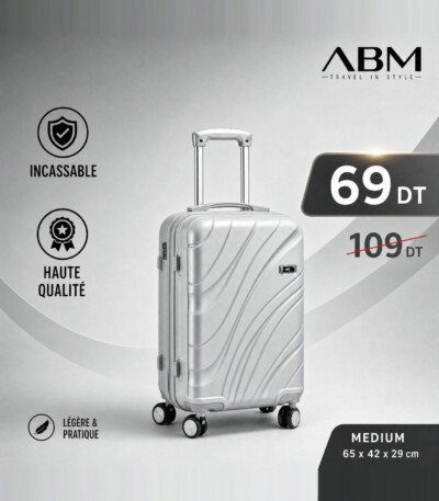 valise moyen model vagues ( 65×42×29cm) incassable marque ABM 4 roues 360° – gris argent