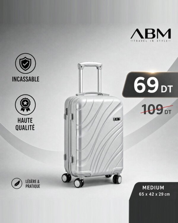 valise moyen model vagues ( 65×42×29cm) incassable marque ABM 4 roues 360° – gris argent