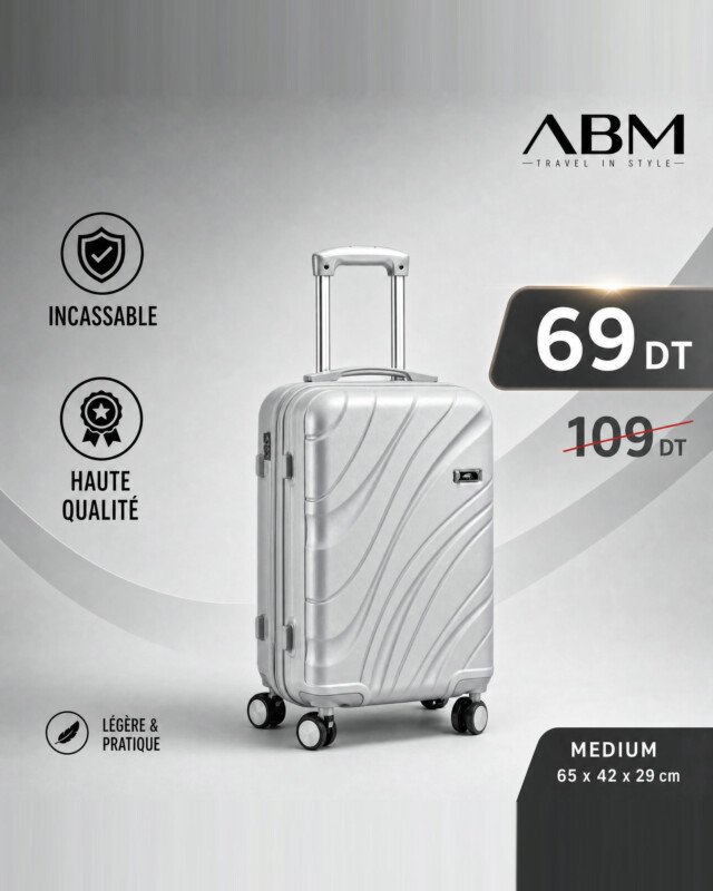 valise moyen model vagues ( 65×42×29cm) incassable marque ABM 4 roues 360° – gris argent