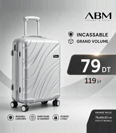 valise grand model vagues ( 75×49×32cm) incassable marque ABM 4 roues 360° – gris argent