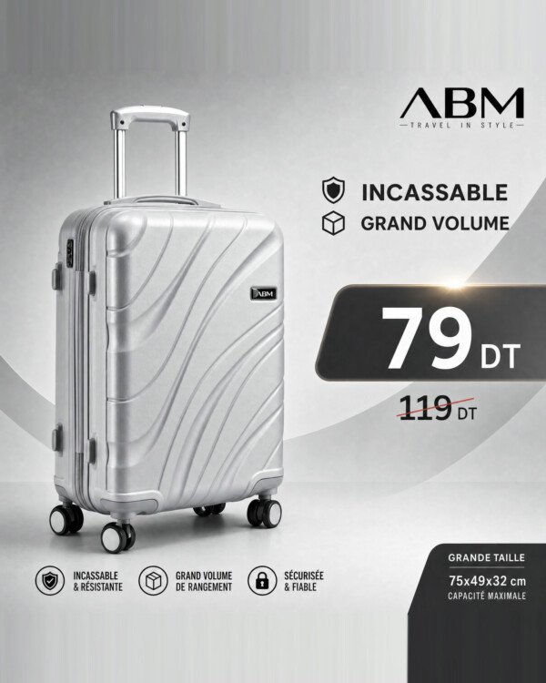 valise grand model vagues ( 75×49×32cm) incassable marque ABM 4 roues 360° – gris argent