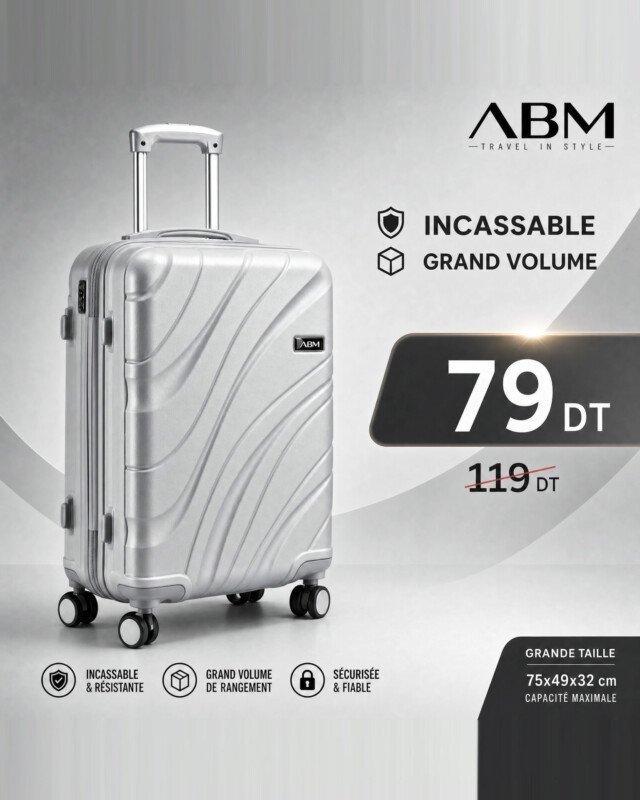 valise grand model vagues ( 75×49×32cm) incassable marque ABM 4 roues 360° – gris argent