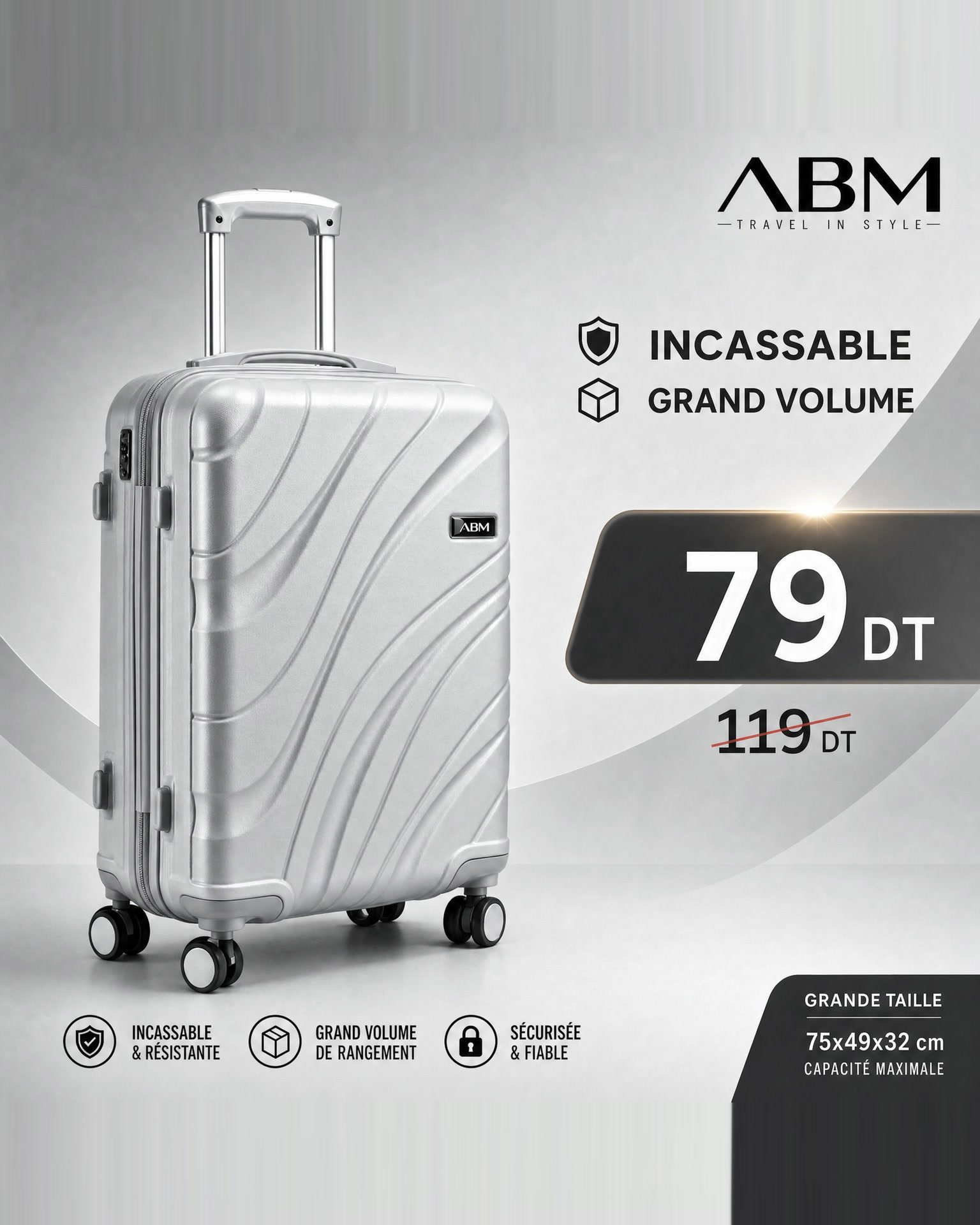 Valise grand vagues - valise grand model vagues ( 75×49×32cm) incassable marque ABM 4 roues