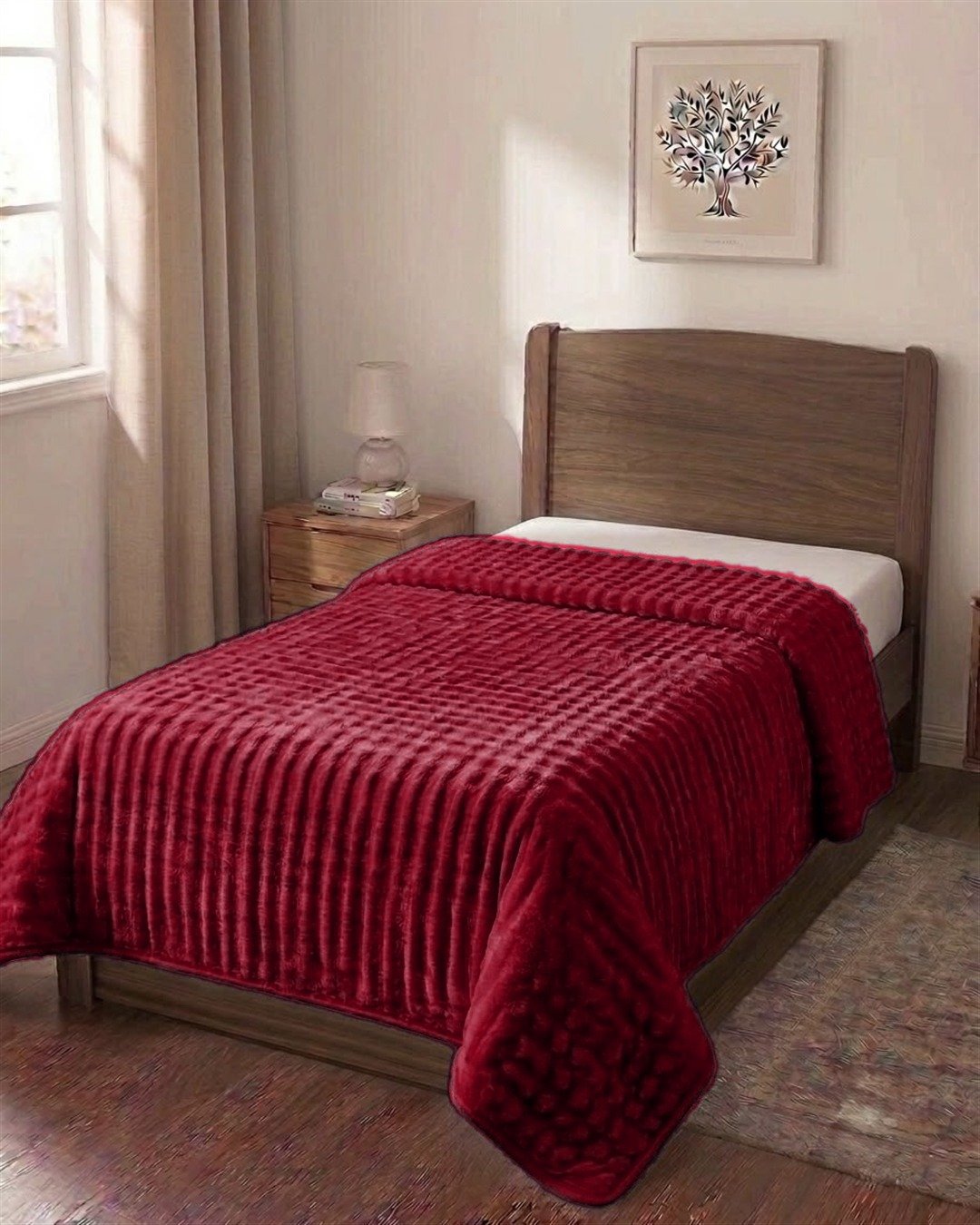 Couverture ABM 160×220 acrylique Rouge bordeaux Couverture ABM 160x220 cm acrylique gaufree coloris Rouge bordeaux sur un lit une place