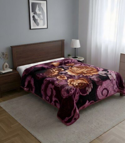 Couverture TRUE LOVE MARQUE ABM 2 places 6 KG 220*240CM - Prune et noir, roses dorées