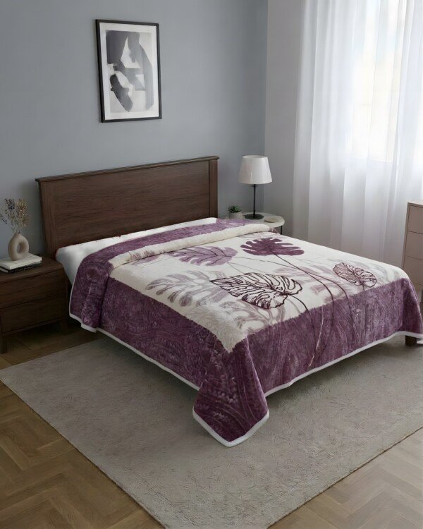 Couverture TRUE LOVE MARQUE ABM 2 places 6 KG 220*240CM - Violet prune, feuilles