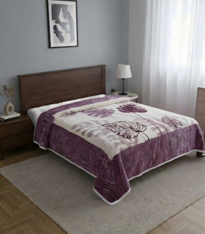 Couverture TRUE LOVE MARQUE ABM 2 places 6 KG 220*240CM - Violet prune, feuilles