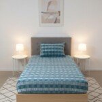 DRAP HOUSSE AVEC COUSSIN MARQUE ABM 1 place 160*230 BLEU CIEL - motif carreaux