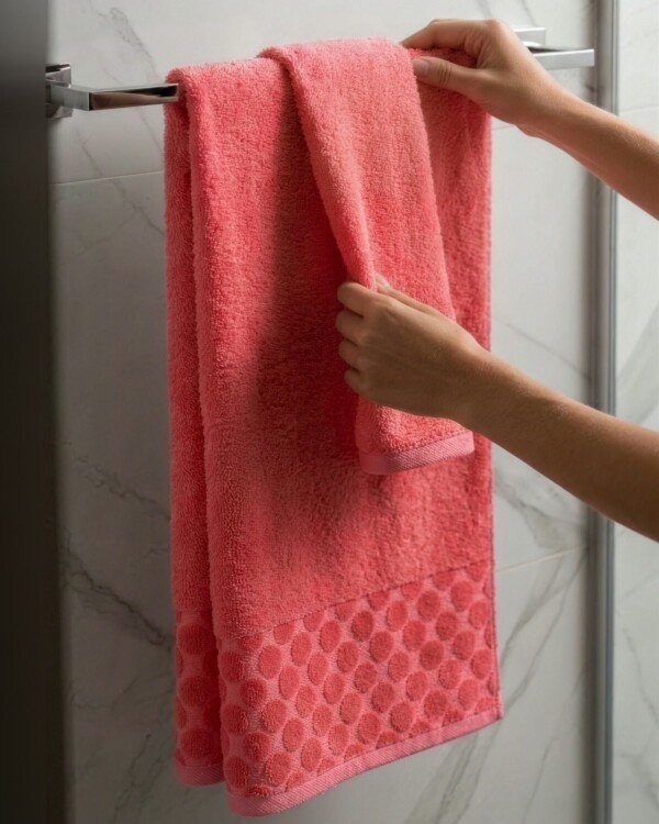 Pack de 2 serviettes de bain à pois en relief, coloris corail, 100 x 150 cm et 50 x 90 cm, 100 % coton