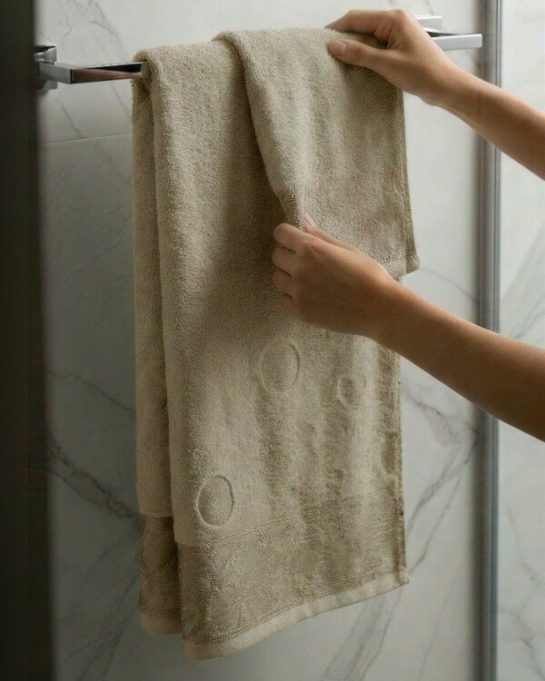 Pack de 2 serviettes de bain jacquard cercles et cœurs, coloris beige taupe, 100 x 150 cm et 50 x 90 cm, 100 % coton