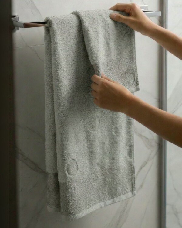 Pack de 2 serviettes de bain jacquard cercles et cœurs, coloris gris clair, 100 x 150 cm et 50 x 90 cm, 100 % coton